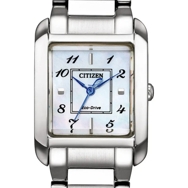 Montre Citizen Ladies Square Eco-drive Cadran Blanc Bracelet Acier Inoxydable