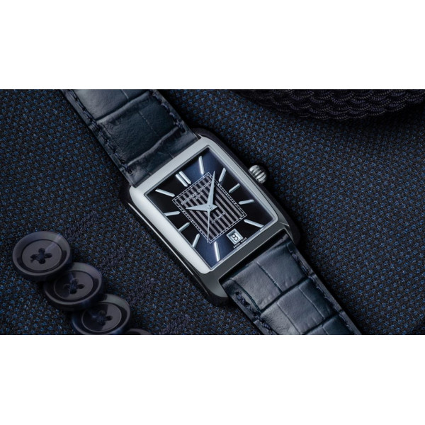 Montre Frederique Constant Classics Carree Automatic Automatique Cadran Bleu Bracelet Cuir de veau