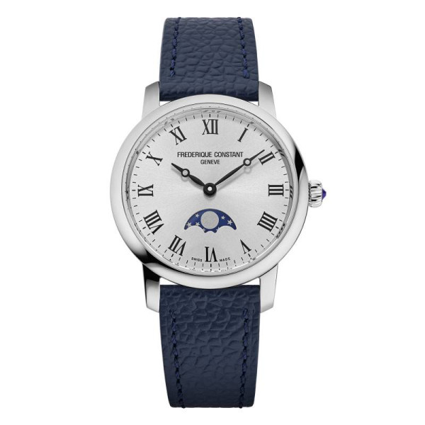 Montre Frederique Constant Classics Slimline Ladies Moonphase Quartz Cadran Argent Bracelet Cuir de veau