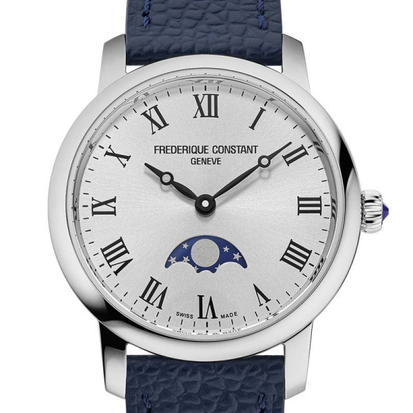Montre Frederique Constant Classics Slimline Ladies Moonphase Quartz Cadran Argent Bracelet Cuir de veau
