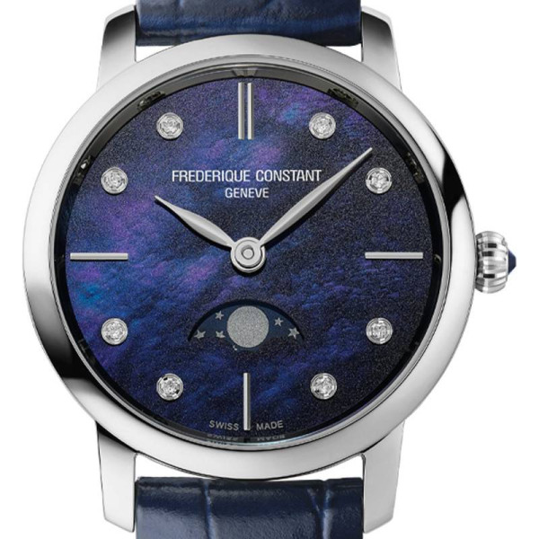 Montre Frederique Constant Classics Slimline Ladies Moonphase Quartz Cadran Nacre Bracelet Cuir de veau