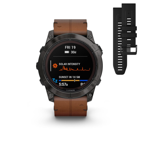 Montre Garmin Fenix 7x Pro Sapphire Solar Carbon Grey Titane Bracelet Cuir + Silicone