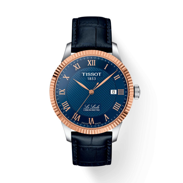 Montre Tissot Le Locle Gold 39mm Cadran Bleu Lunette Or Rose Bracelet Cuir Bleu