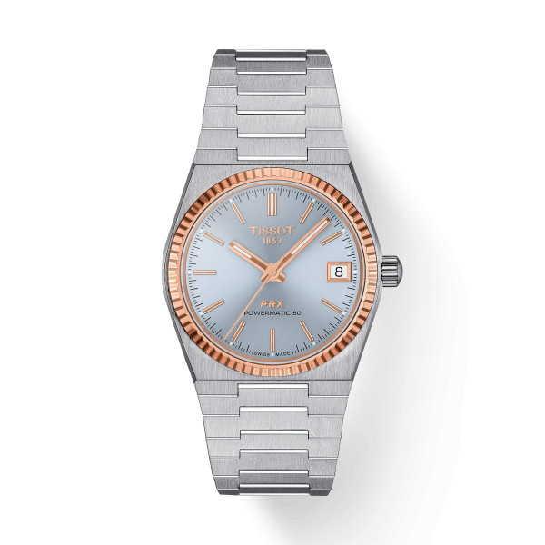 Montre Tissot PRX Gold 35mm Cadran Bleu glacier Lunette Or Rose Bracelet Acier