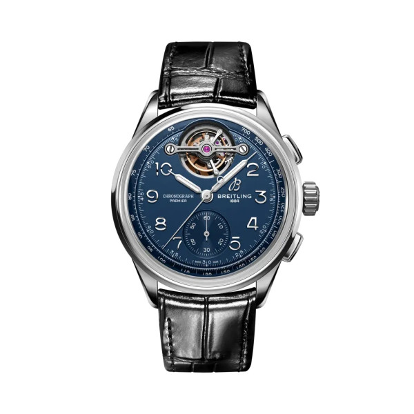 Montre Breitling Premier B21 Chronograph Tourbillon 42 Willy Breitling Cadran Bleu Bracelet Cuir d’alligator