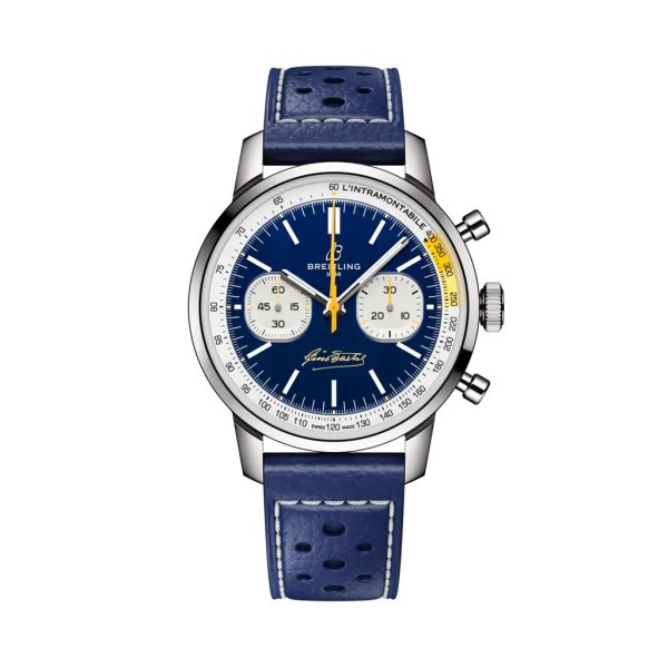 Breitling Top Time B01 Chronograph 41 mm Gino Bartali, cadran bleu à accents jaunes, bracelet cuir bleu, édition limitée 750 exemplaires