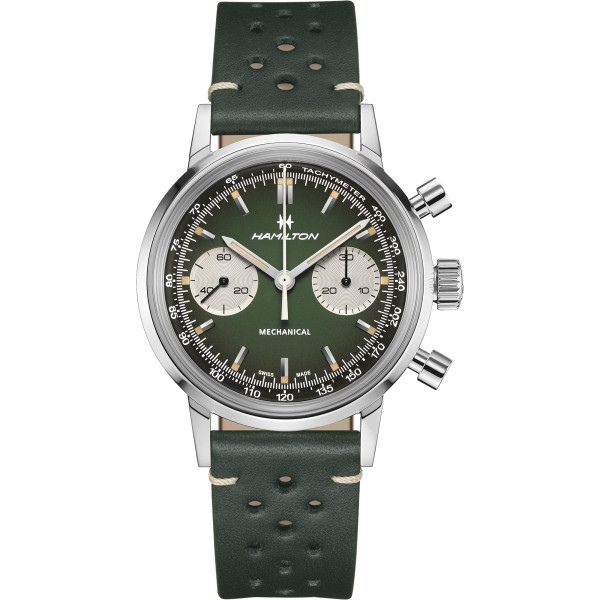 Montre Hamilton American Classic Intra-Matic Chronographe H Cadran Vert Bracelet Cuir 40mm
