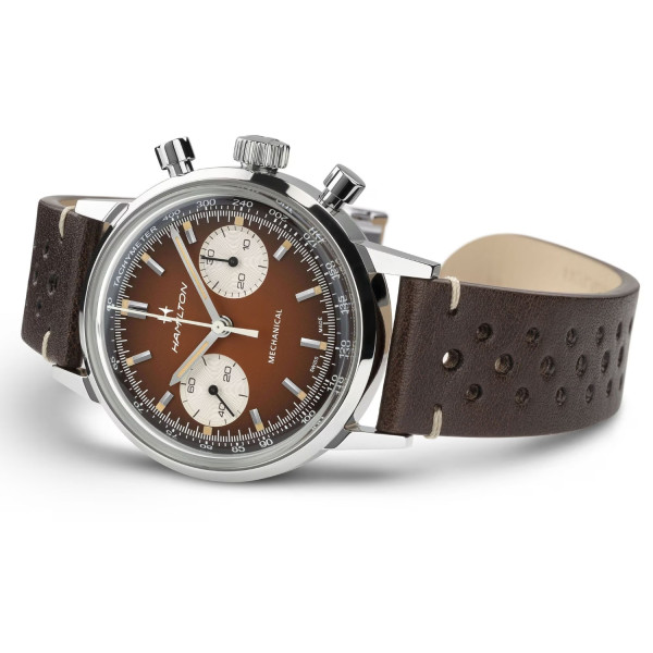 Montre Hamilton American Classic Intra-Matic Chronographe H Cadran Brun Bracelet Cuir 40mm