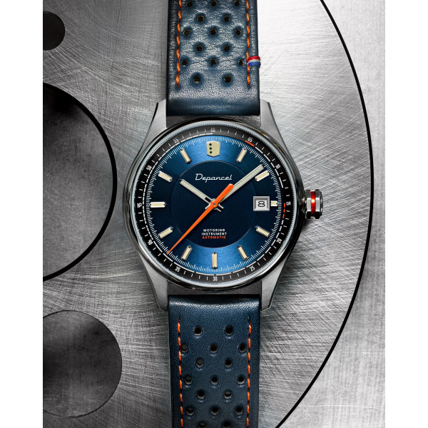 Montre Depancel Autosport Date Cadran Bleu Bracelet Racing Bleu Orange