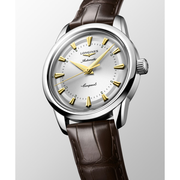 Montre Longines Conquest heritage 38 mm Automatique Cadran Argenté Bracelet Cuir d'alligator