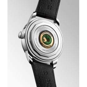 Montre Longines Conquest heritage 38 mm Automatique Cadran Noir laqué poli Bracelet Cuir d'alligator