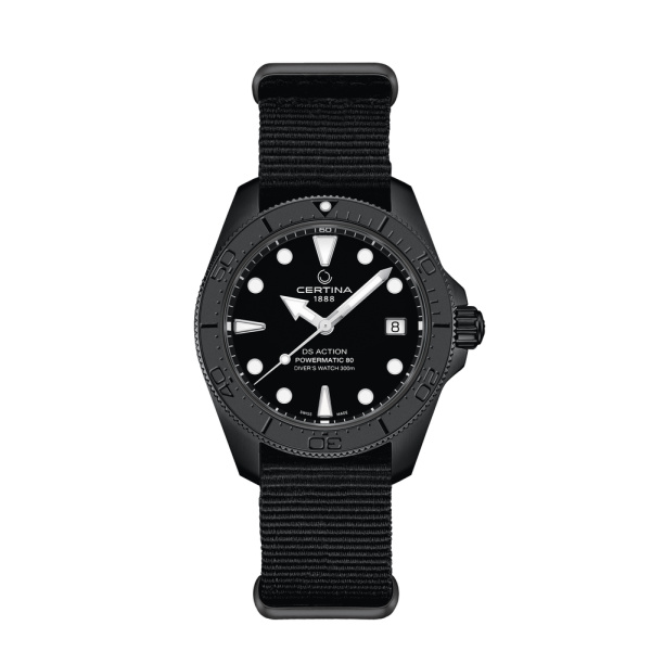 Montre Certina DS Action Diver 38mm Powermatic 80 Cadran Noir Bracelet NATO,Synthétique