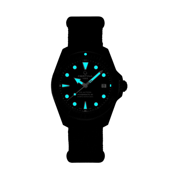 Montre Certina DS Action Diver 38mm Powermatic 80 Cadran Noir Bracelet NATO,Synthétique