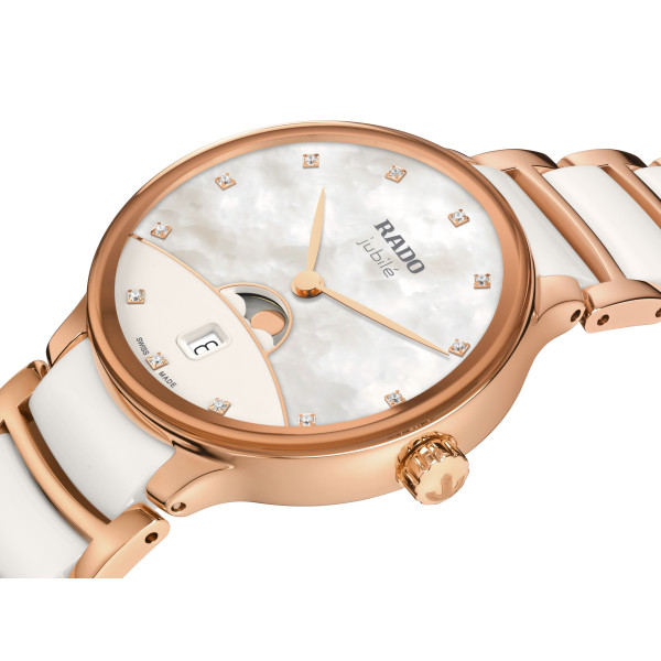 Montre Rado Centrix Moonphase Quartz Cadran Blanc Bracelet Blanc