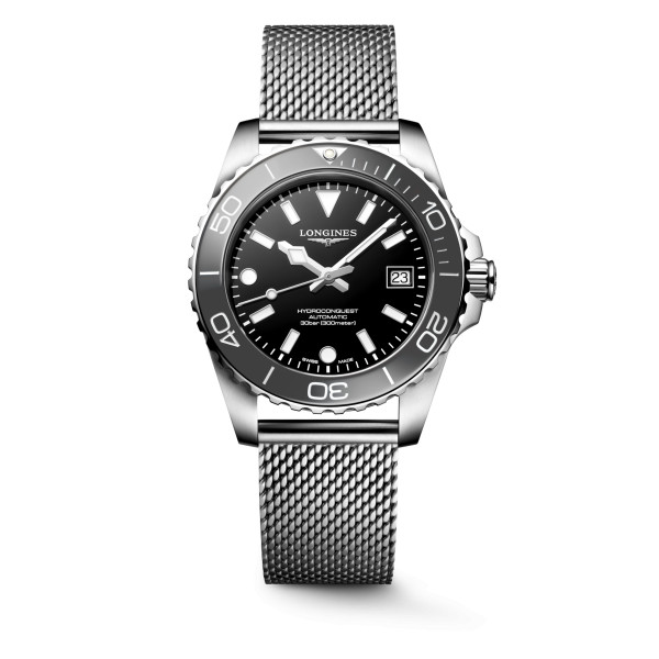 Montre Longines Hydroconquest 39 mm Automatique Cadran Noir laqué poli Bracelet Acier Maille Milanaise