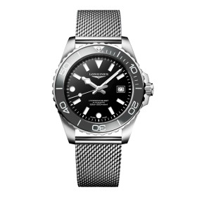 Montre Longines Hydroconquest 42 mm Automatique Cadran Noir laqué poli Bracelet Acier Maille Milanaise