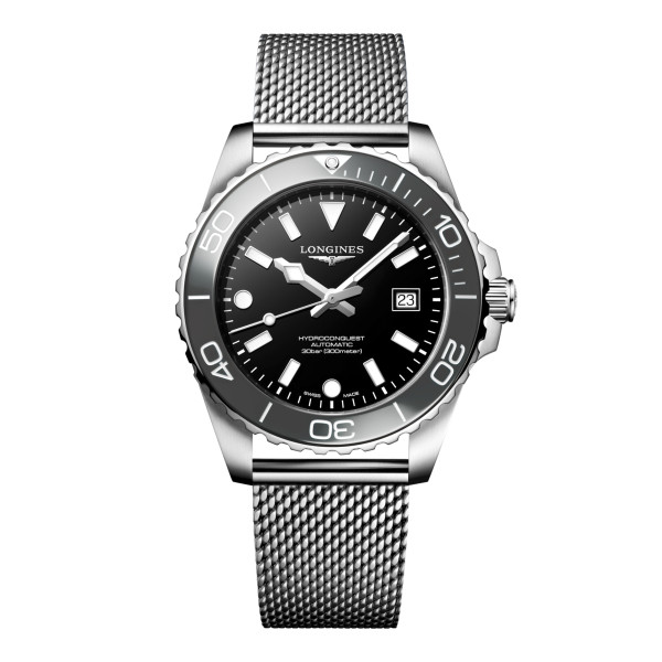 Montre Longines Hydroconquest 42 mm Automatique Cadran Noir laqué poli Bracelet Acier Maille Milanaise
