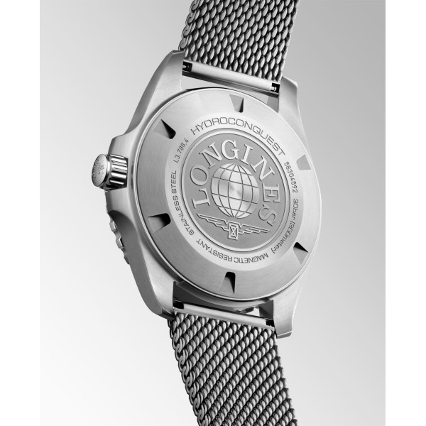 Montre Longines Hydroconquest 42 mm Automatique Cadran Noir laqué poli Bracelet Acier Maille Milanaise