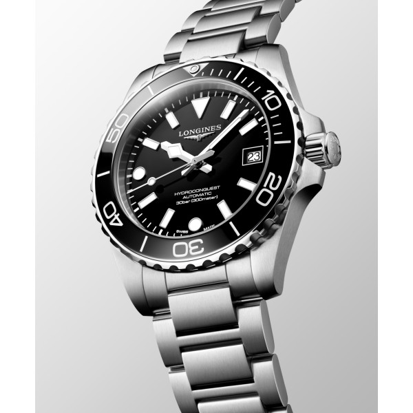 Montre Longines Hydroconquest 39 mm Automatique Cadran Noir laqué poli Bracelet Acier