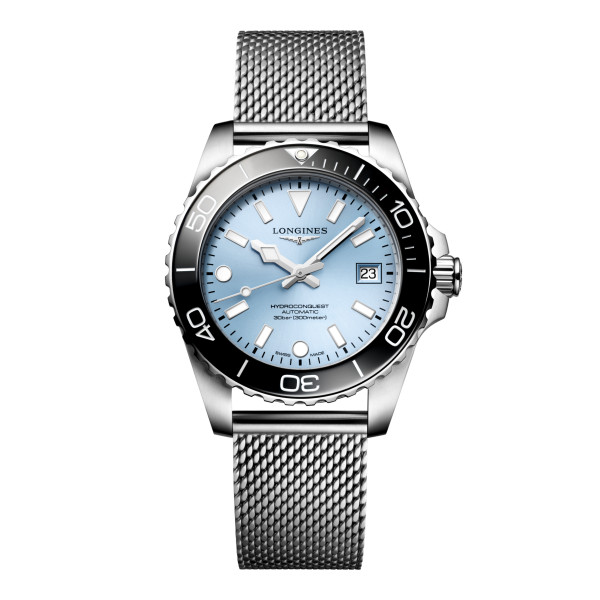Montre Longines Hydroconquest 39 mm Automatique Cadran Bleu givré soleillé Bracelet Acier Maille Milanaise