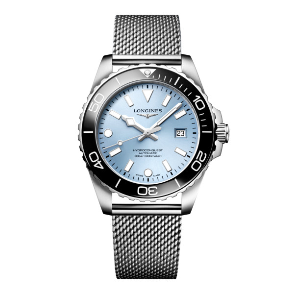 Montre Longines Hydroconquest 42 mm Automatique Cadran Bleu givré soleillé Bracelet Acier Maille Milanaise