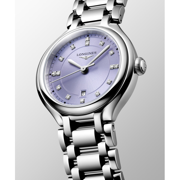 Montre Longines primaluna 30 mm Quartz Cadran Mauve lavande soleillé Bracelet Acier