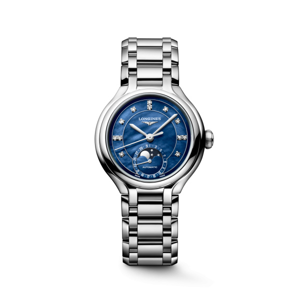 Montre Longines Longines primaluna moonphase 34 mm Automatique Cadran Nacre bleue lumineuse Bracelet Acier