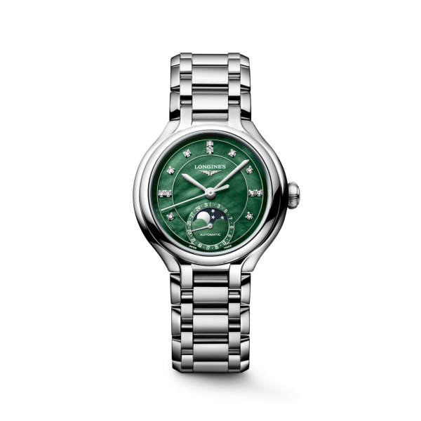 Montre Longines Longines primaluna moonphase 34 mm Automatique Cadran Nacre vert vif Bracelet Acier