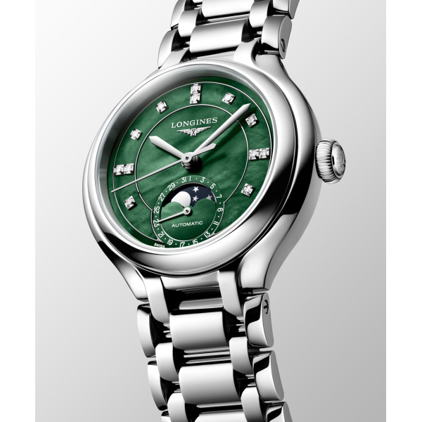 Montre Longines Longines primaluna moonphase 34 mm Automatique Cadran Nacre vert vif Bracelet Acier