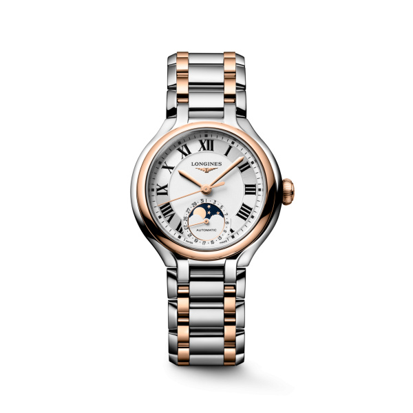 Montre Longines Longines primaluna moonphase 34 mm Automatique Cadran Argenté Bracelet Acier et Or Rose