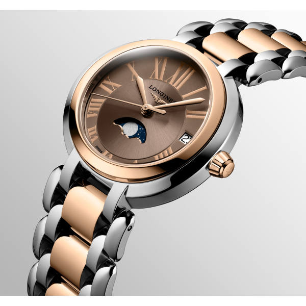 Montre Longines Primaluna Moonphase Cadran Taupe Bracelet acier Coiffe Or Rose