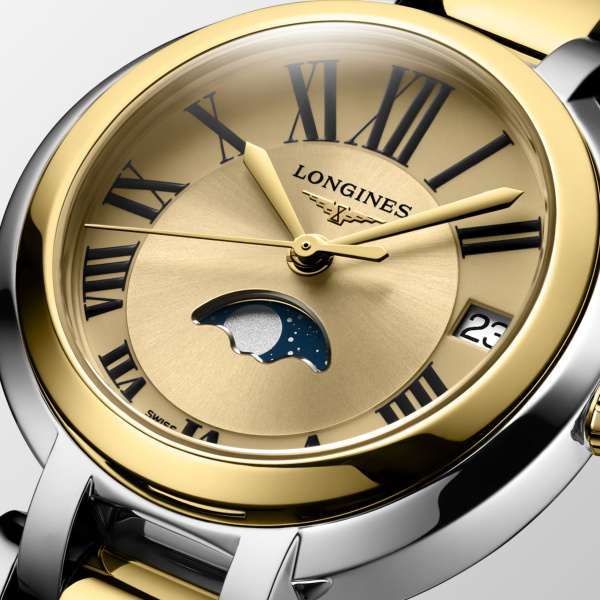 Montre Longines Longines primaluna moonphase 30.50 mm Quartz Cadran Doré Bracelet Acier et Or Jaune