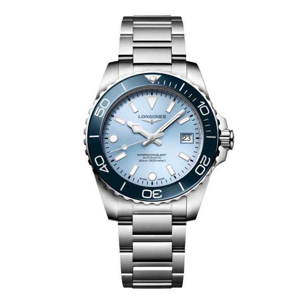 Montre Longines Hydroconquest 39 mm Automatique Cadran Bleu givré soleillé Bracelet Acier Maille Milanaise