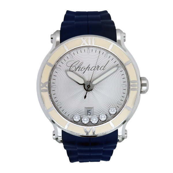 Montre Occasion Chopard Happy Sport Chronographe 5 Diamants Mobiles Bracelet Caoutchouc Bleu