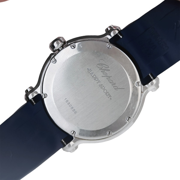Montre Occasion Chopard Happy Sport Chronographe 5 Diamants Mobiles Bracelet Caoutchouc Bleu