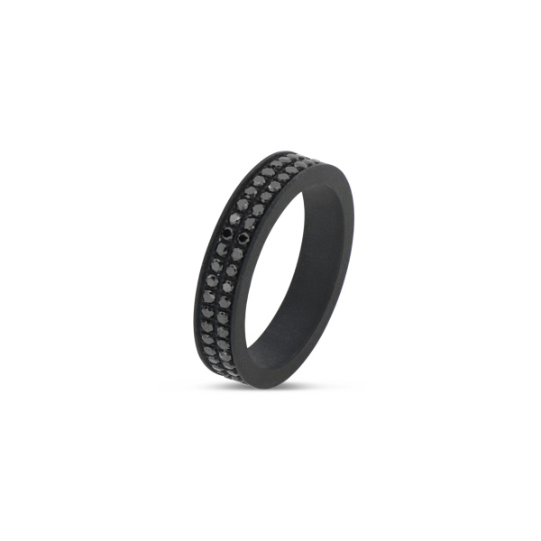 Bague plate pour homme Mano J en titane noir avec double rangée de diamants noirs