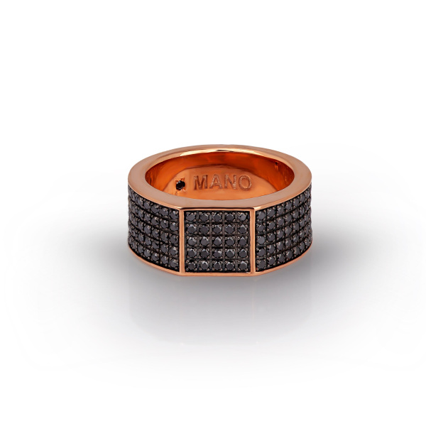 Bague Mano J pour homme, entièrement sertie d'or rouge 9 carats et de diamants noirs