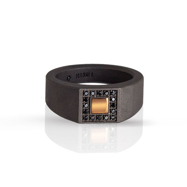 Bague pour homme Mano J en titane, or rouge et 16 diamants noirs