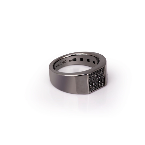 Bague Mano J pour homme en or blanc poli 9 carats avec 25 diamants noirs