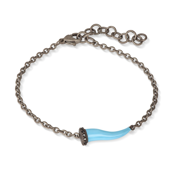 Bracelet Mano J CHARMS avec corne en titane émaillé bleu, 5 maillons noirs et chaîne