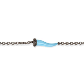 Bracelet Mano J CHARMS avec corne en titane émaillé bleu, 5 maillons noirs et chaîne
