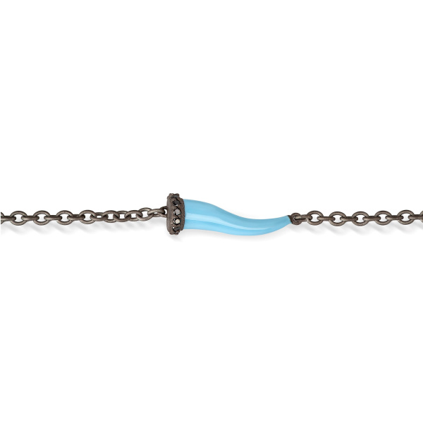 Bracelet Mano J CHARMS avec corne en titane émaillé bleu, 5 maillons noirs et chaîne