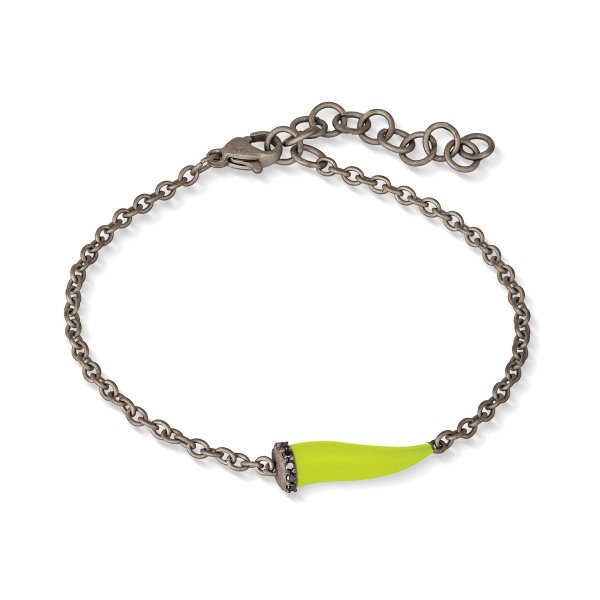 Bracelet Mano J CHARMS avec corne émaillée jaune fluo en titane, 5 maillons noirs et chaîne