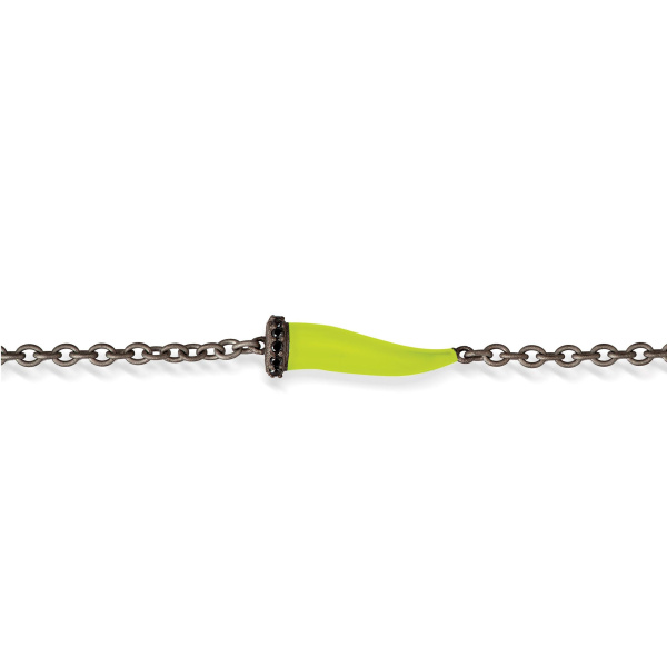 Bracelet Mano J CHARMS avec corne émaillée jaune fluo en titane, 5 maillons noirs et chaîne