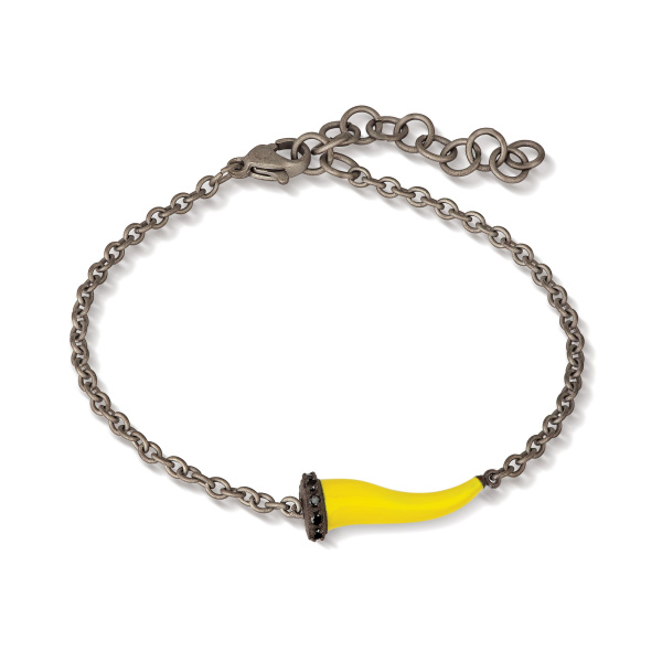 Bracelet Mano J CHARMS avec corne en titane émaillé jaune, 5 maillons noirs et chaîne