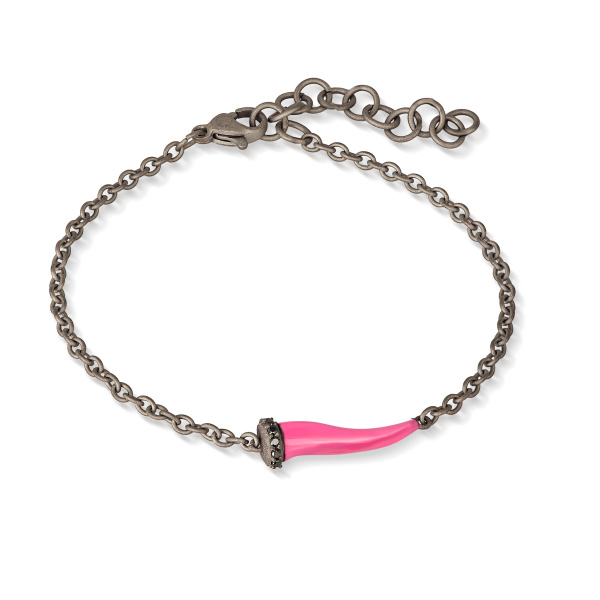 Bracelet Mano J CHARMS avec corne en titane émaillé rose, 5 maillons noirs et chaîne