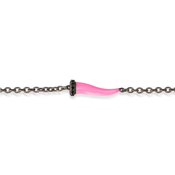 Bracelet Mano J CHARMS avec corne en titane émaillé rose, 5 maillons noirs et chaîne