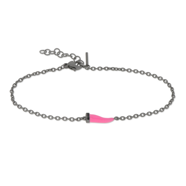 Bracelet Mano J avec mini corne émaillée fuchsia et diamants noirs