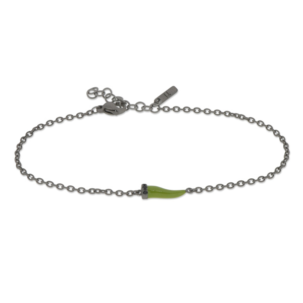 Bracelet Mano J avec mini corne émaillée vert militaire et diamants noirs