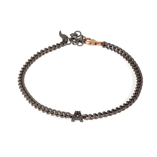 Bracelet Mano J en titane avec fermoir en or rouge 9 carats, initiale en titane sertie de diamants noirs